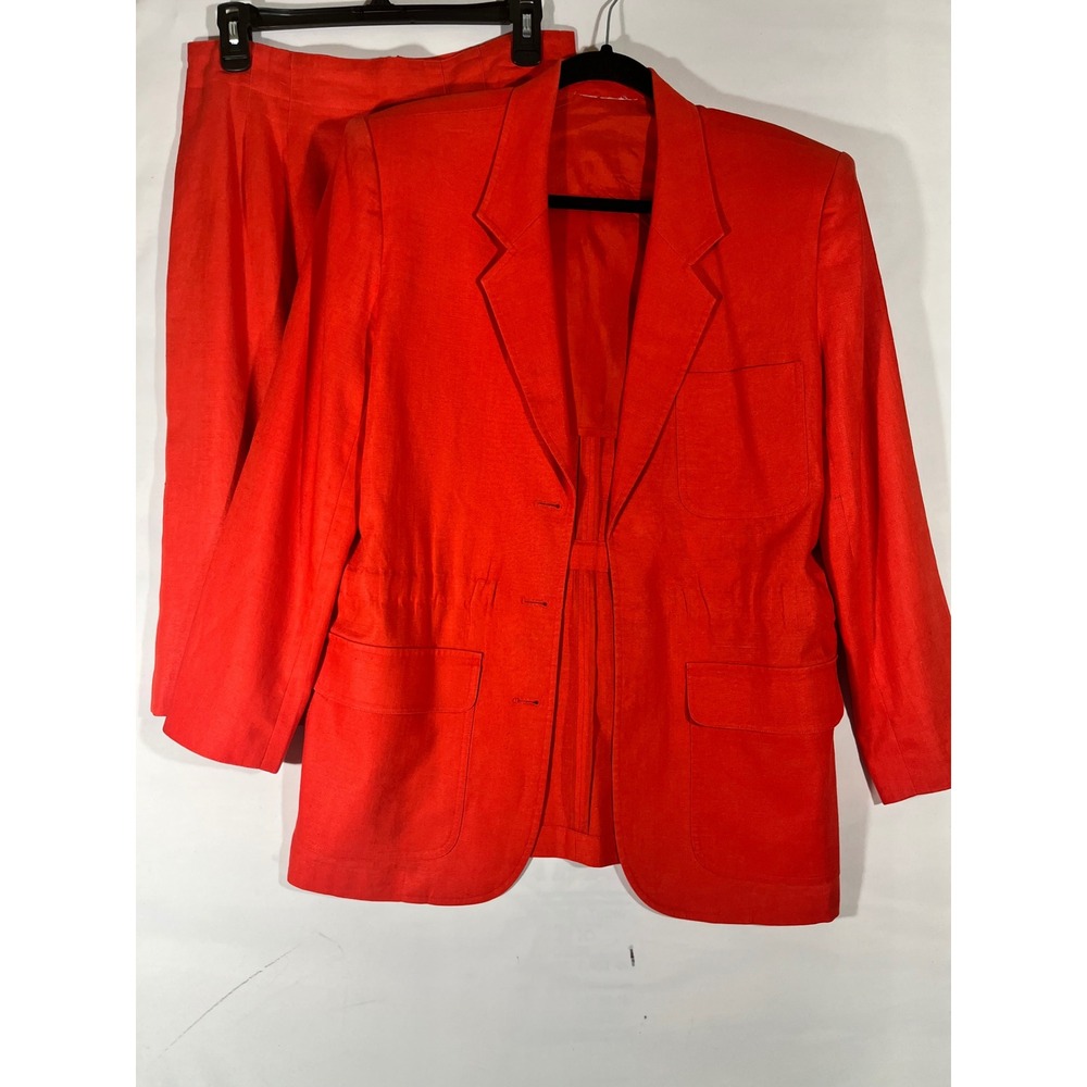 Talbots Linen Suit Set Women 12 Orange Blazer Midi Skirt Vibrant Career Wear